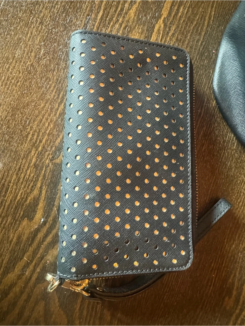 Michael Kors Black Perforated Wristlet Phone Case with Gold Logo